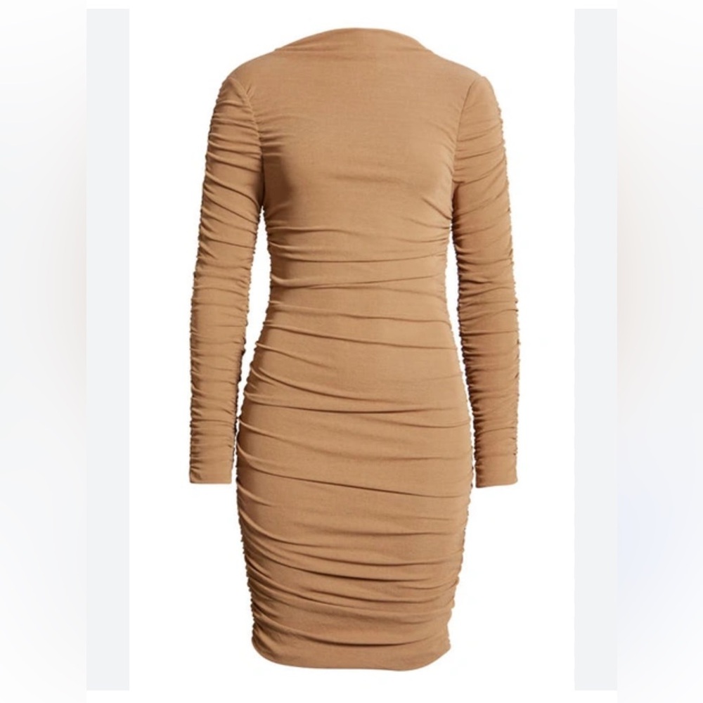 ASTR Ruched Long Sleeve Dress In Tan